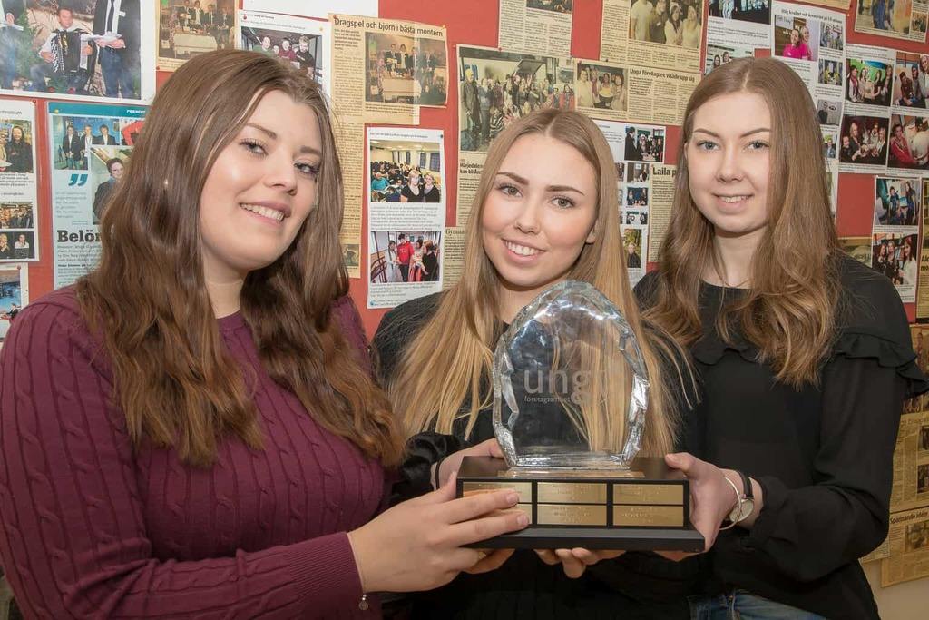 Årets mässa bringade många priser till Härjedalens gymnasium och det mest åtråvärda priset togs hem av Plate Light UF med Lina Carlström, Elin Backén och Thea Gisselman som numera kan titulera sig ”Årets företag” i Jämtlands län och får därmed tävla i SM som hålls i Stockholm i maj. Foto: Morgan Grip