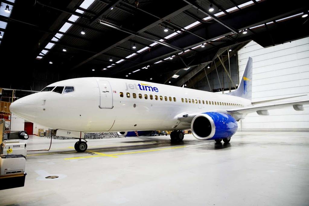 Planet från det danska flygbolaget Jet-time hade drygt 130 passagerare ombord. Foto: Pressbild Jettime / Erik Refner